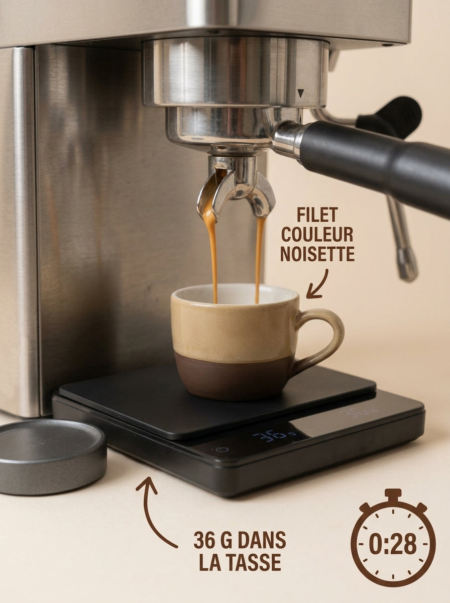 Extraction d'un espresso dans une tasse, chronomètre à 28 secondes