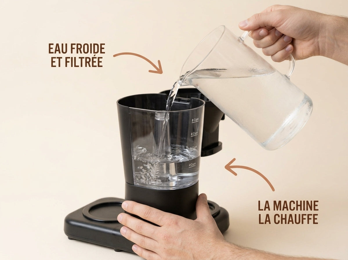Eau froide versée dans le réservoir de la cafetière