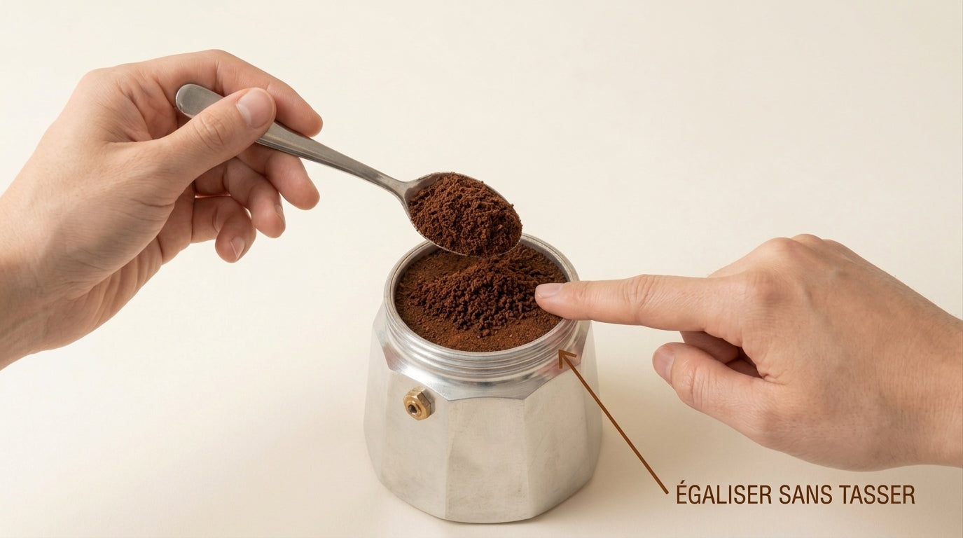 Remplir le filtre de café moulu et égaliser du doigt, sans tasser