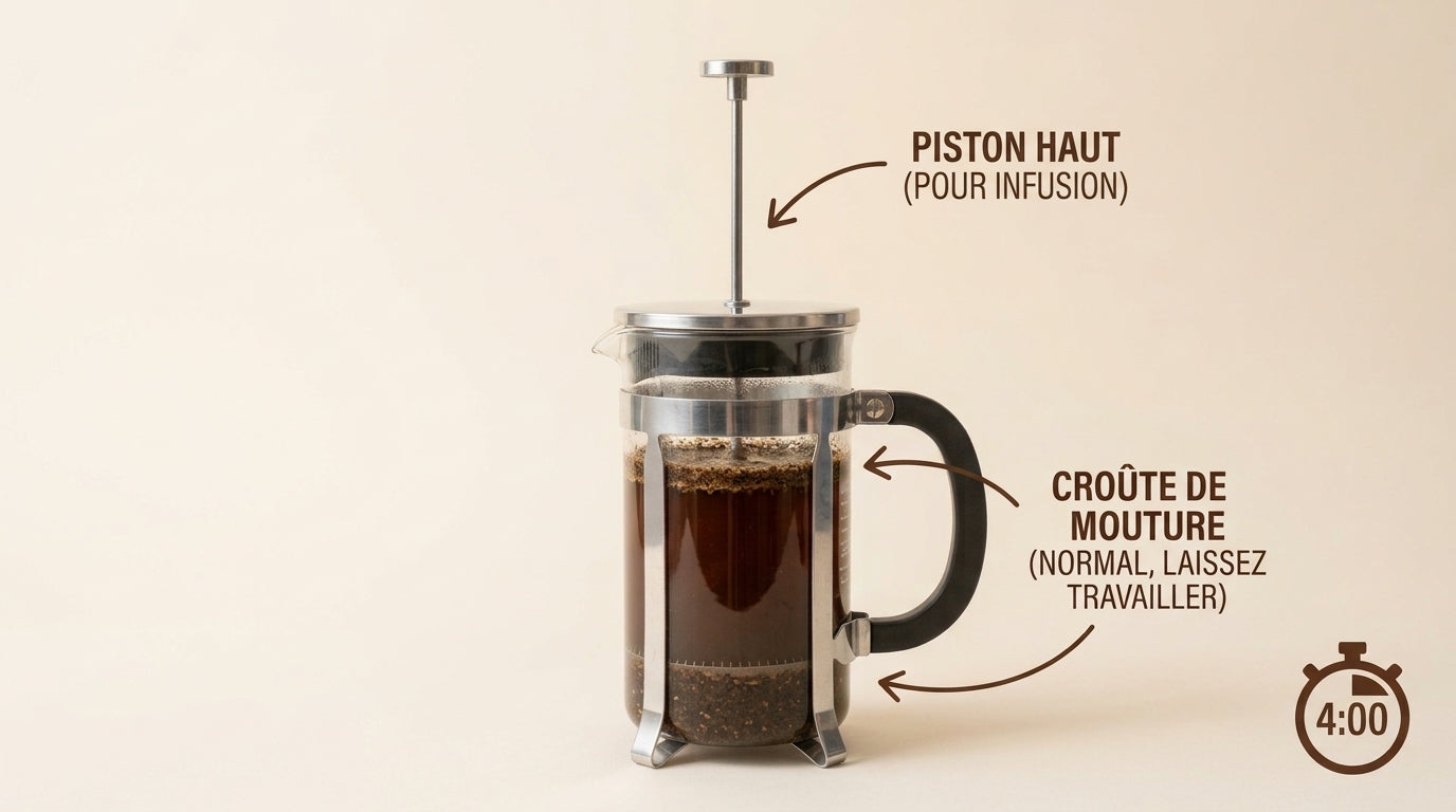 Presse française en infusion, couvercle posé, piston relevé