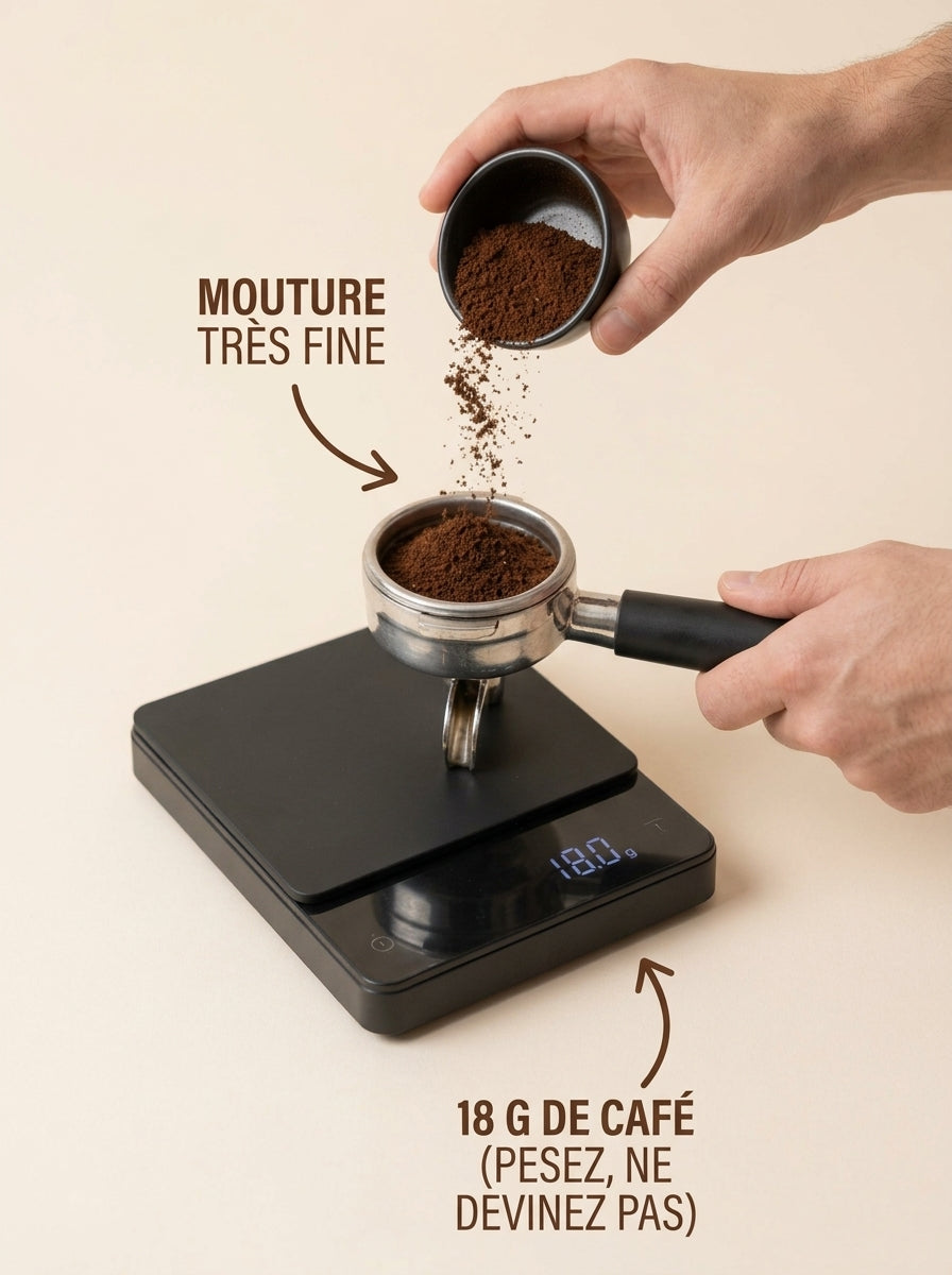 Doser la mouture fine dans le porte-filtre d'une machine espresso