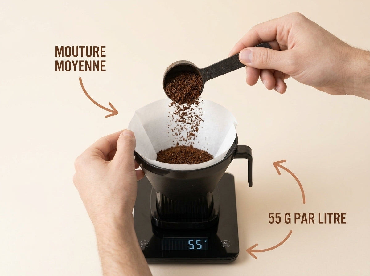 Café moulu versé dans le filtre