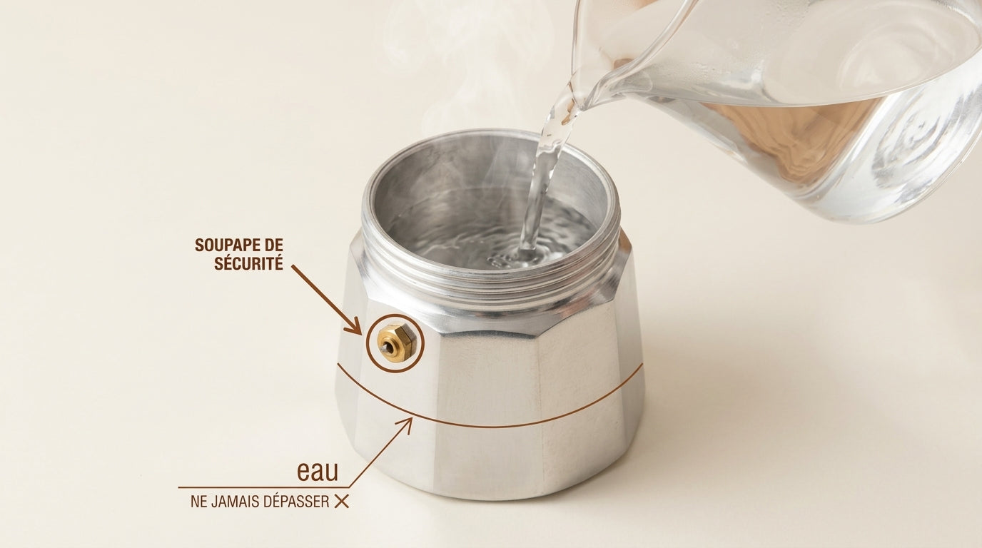 Verser de l'eau chaude dans le réservoir d'une cafetière italienne, sans dépasser la soupape de sécurité