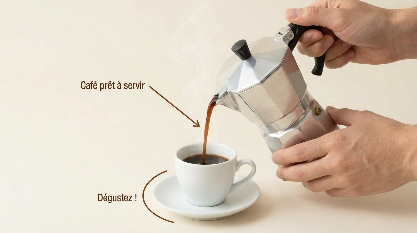 Verser le café d'une cafetière italienne dans une tasse