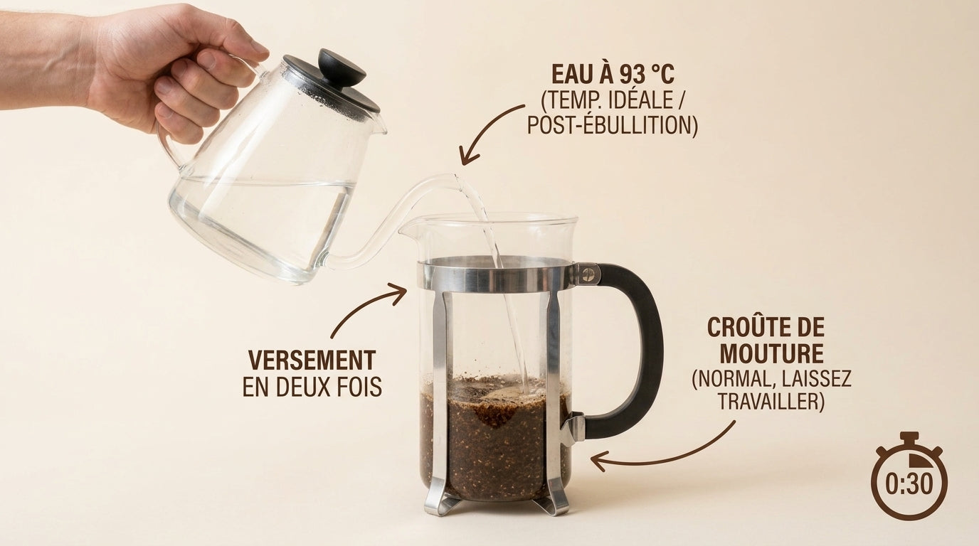 Verser l'eau chaude sur la mouture dans une presse française