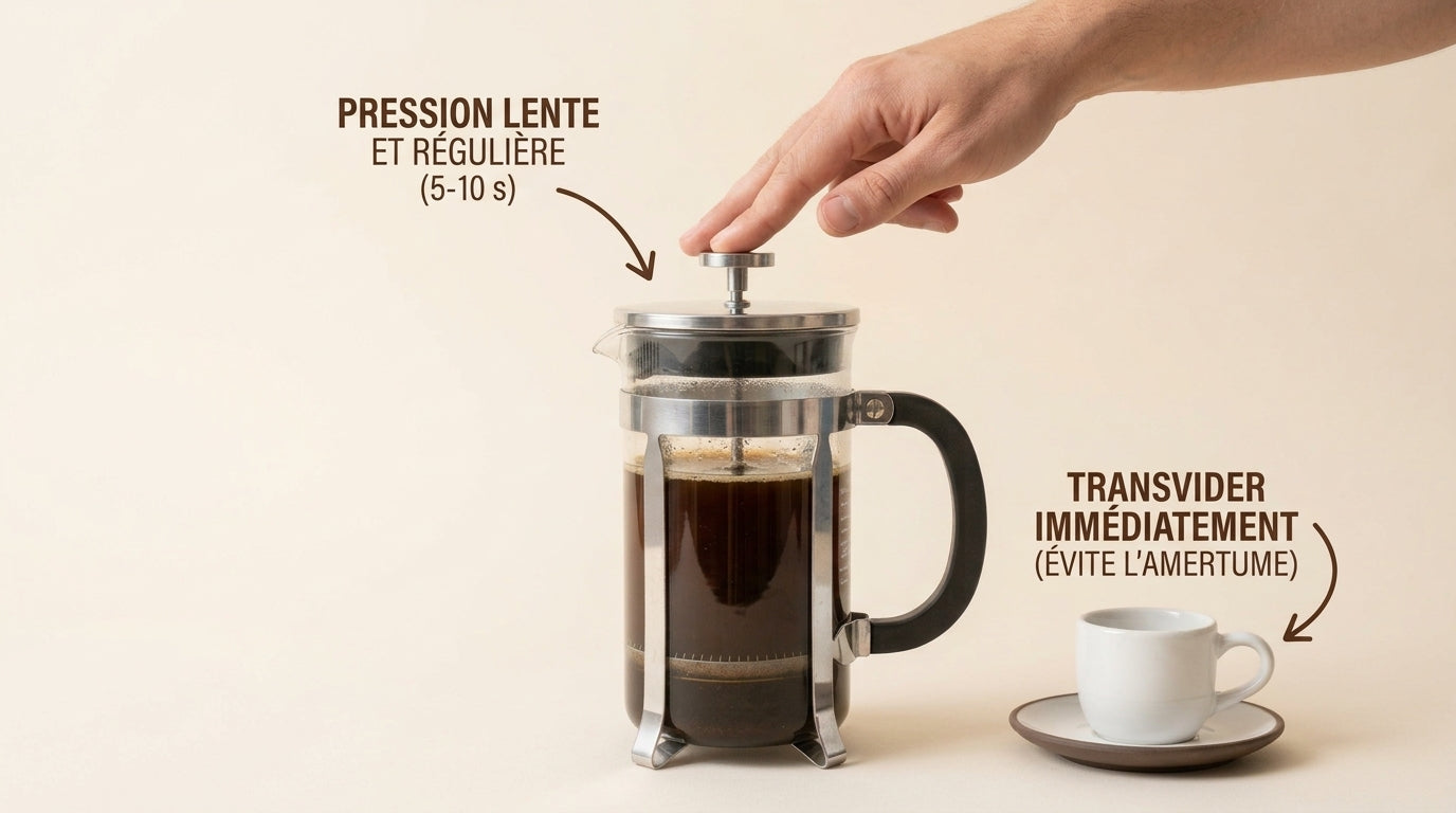Descendre le piston d'une presse française et servir le café