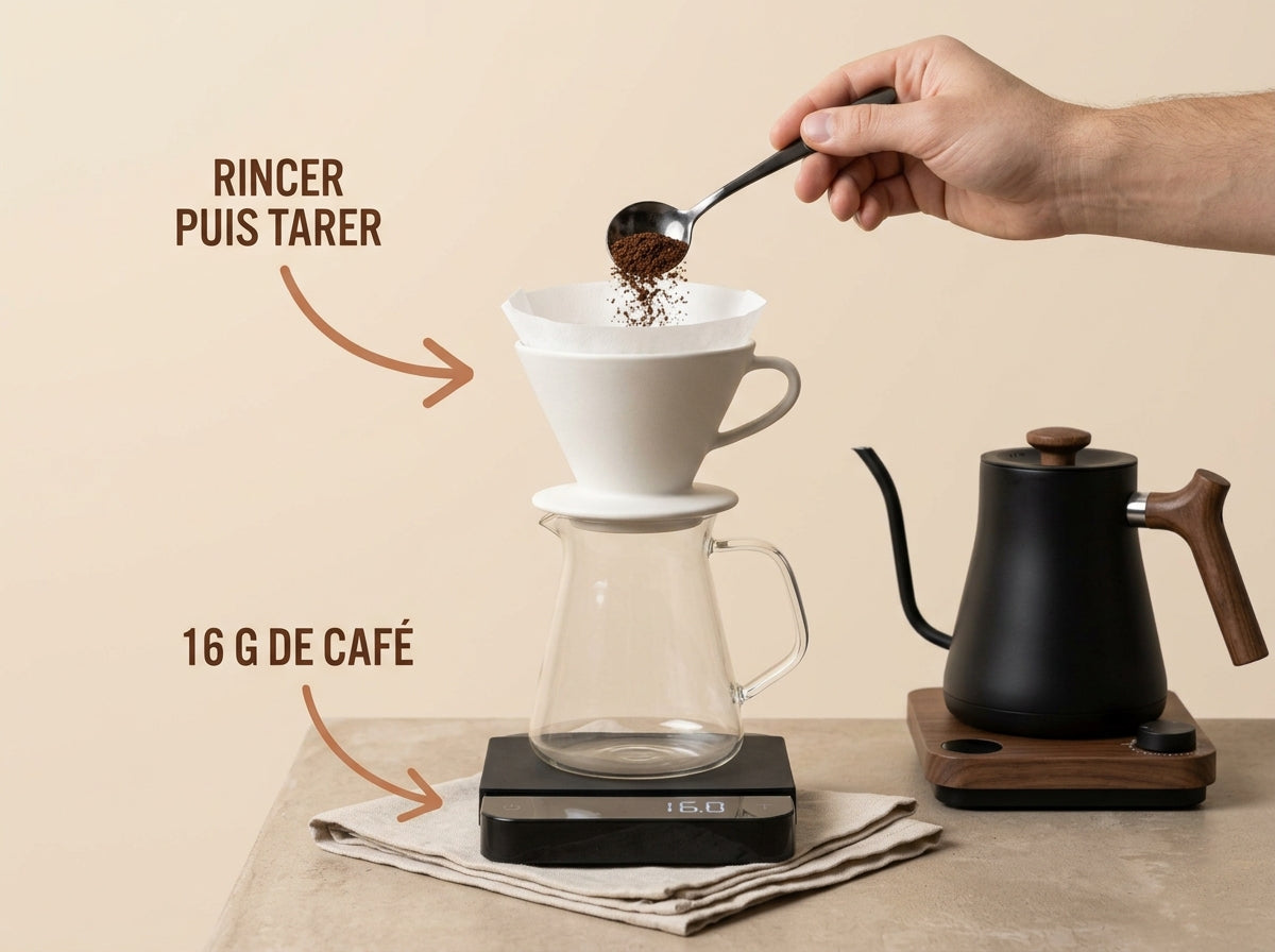 Filtre rincé dans un V60 posé sur une balance, 16 g de café