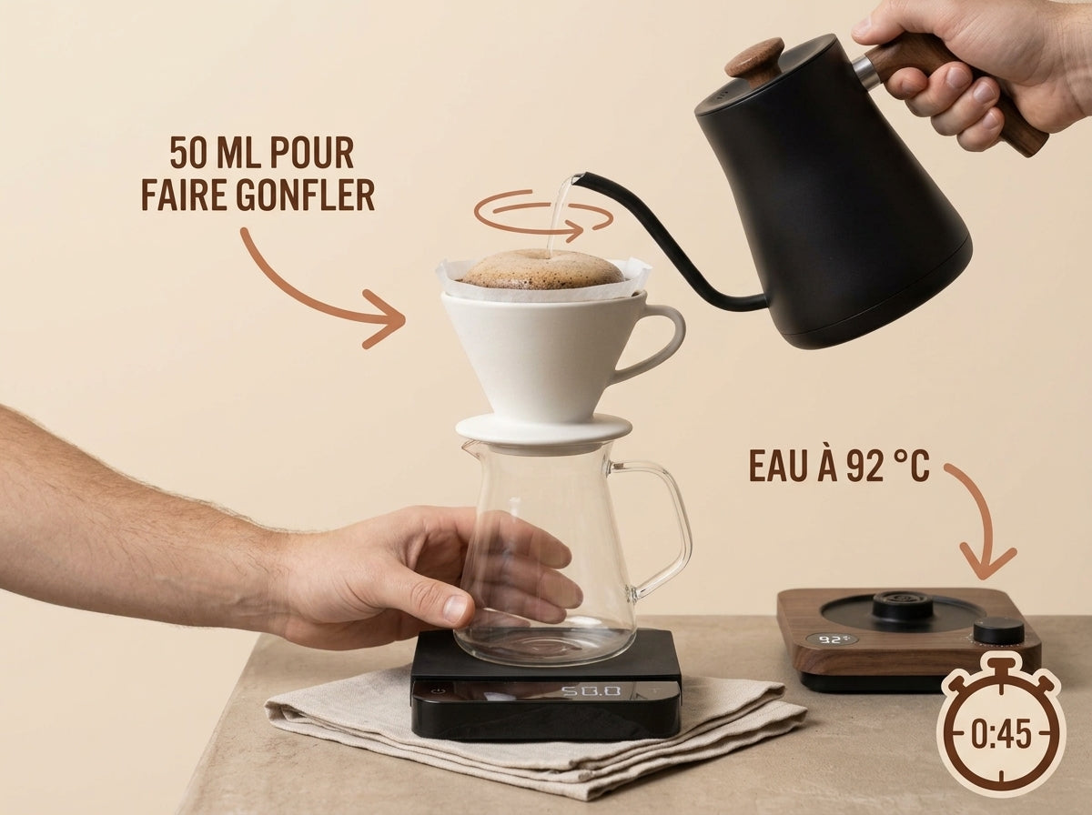 Premier versement de 50 ml qui fait gonfler le café